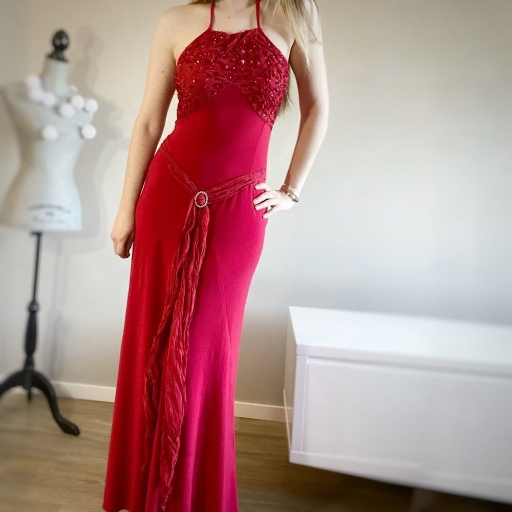 Vintage Red Beaded floor length Dress Trumpet Fit High Neckline, Sleeveless Gown